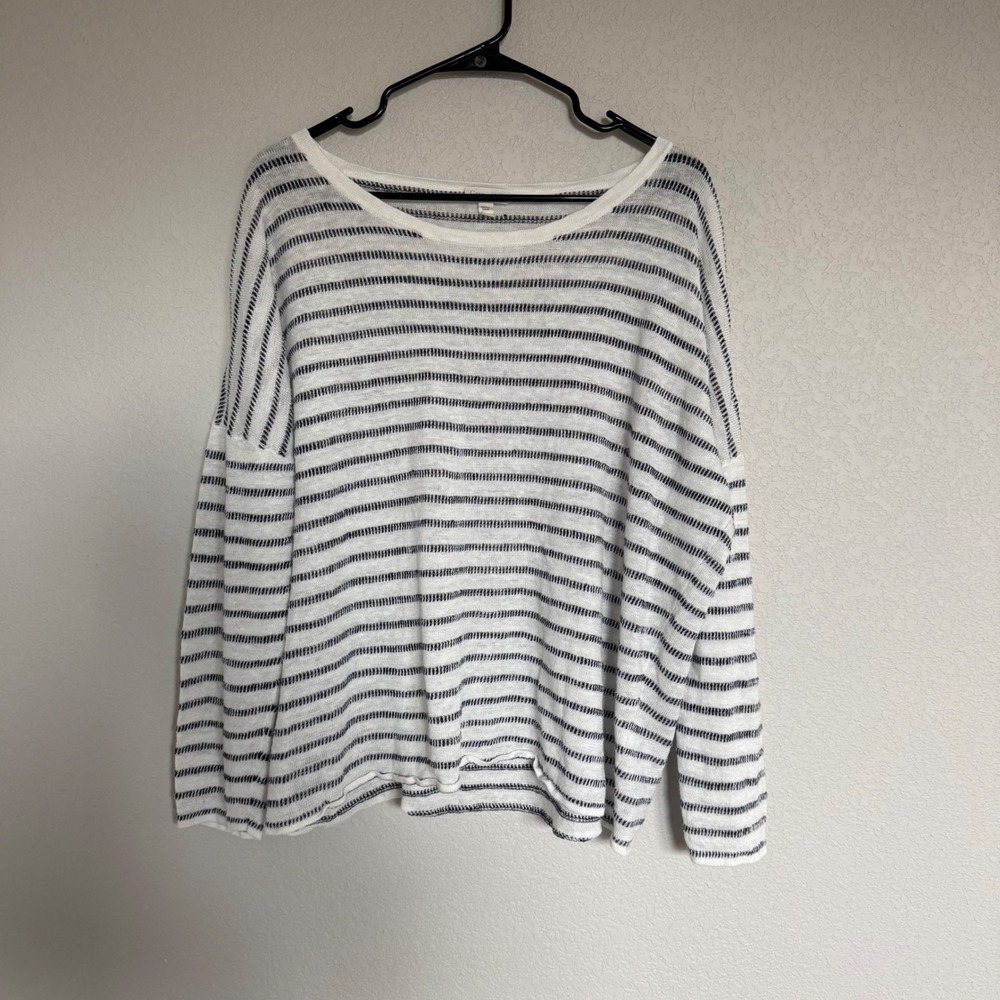Garnet Hill Organic Linen Striped Sweater XL White Navy Blue Drop Shoulder Boxy